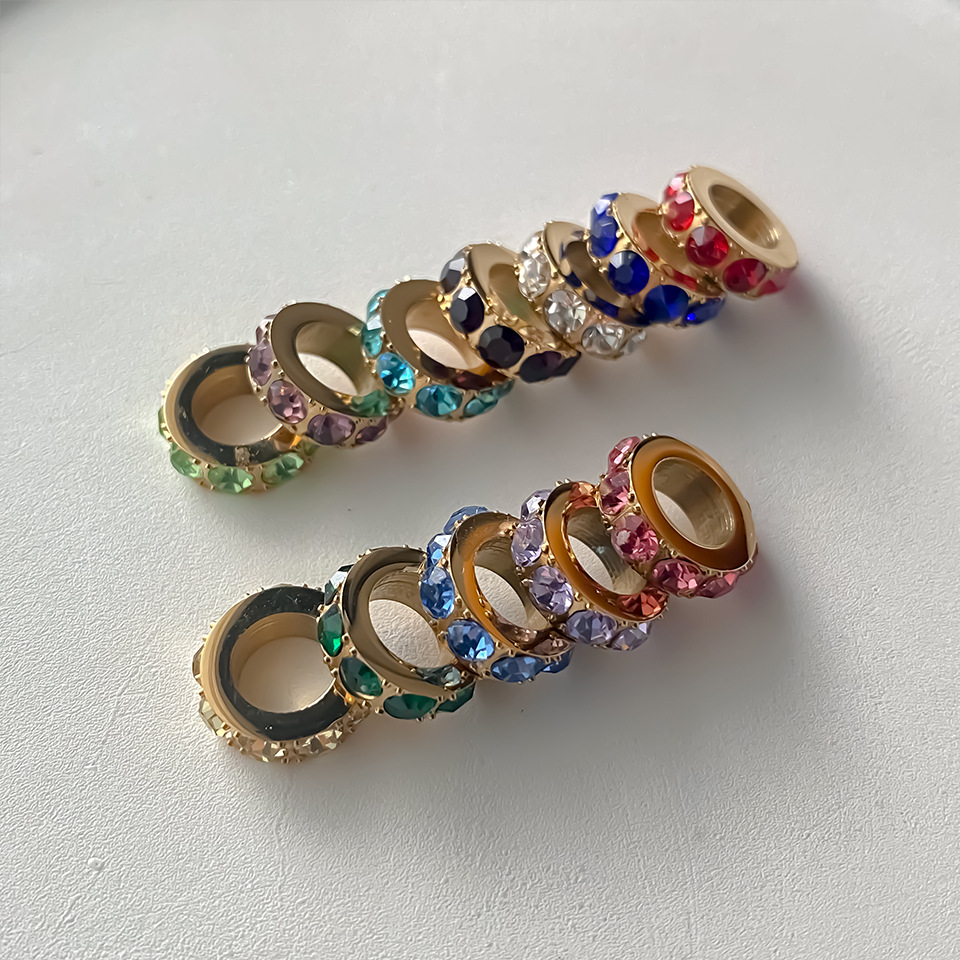 Stainless Steel Diamond-Encrusted Large Hole Spacer Spacer Beads DIY Jewelry Accessories Ins Necklace Pendant Gold-Plated Handmade Accessories