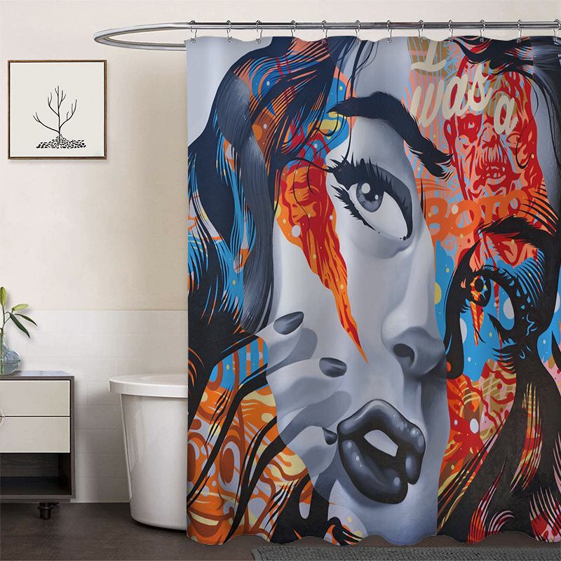 Cortina de ducha de poliéster impresa con hebilla de cortina de ducha de plástico baño cuarto de baño cortina de partición impermeable a prueba de moho