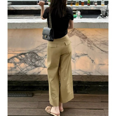 カーキ色の高腰直筒広脚カジュアルパンツ女性夏2025新型ゆるい痩せ梨形体型九分ズボン