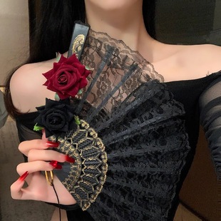 New Chinese Lace Rose Fan Antique Folding Fan Retro Chinese Style Cheongsam Lolita Comic-Con Cos Accessories