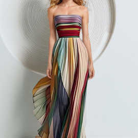 Rainbow print Chest wrap dress小众气质抹胸香肩露背彩色礼服裙
