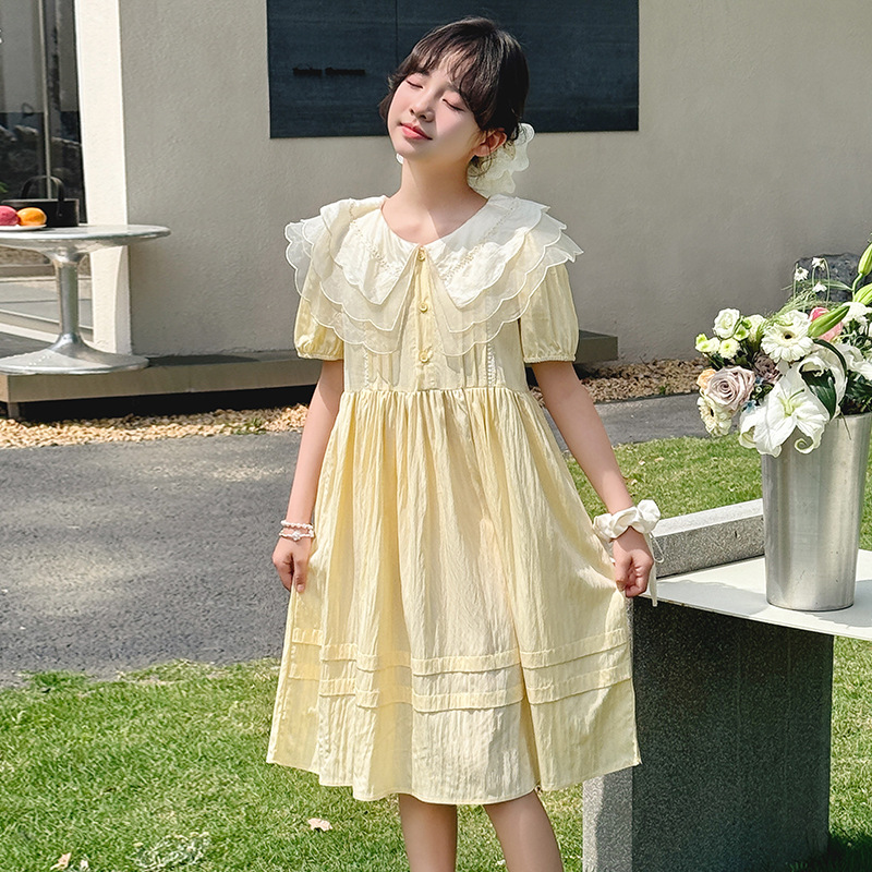 Girls Summer Dress 2025 New Junior High School Student Sweet and Stylish Princess Dress Little Girl Lace Collar Dress