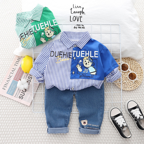 Boys Spring and Autumn Suit Little Boy Baby Cartoon Bear Shirt Jeans Two-piece Set Korean Style Toddler Fashion Western Style