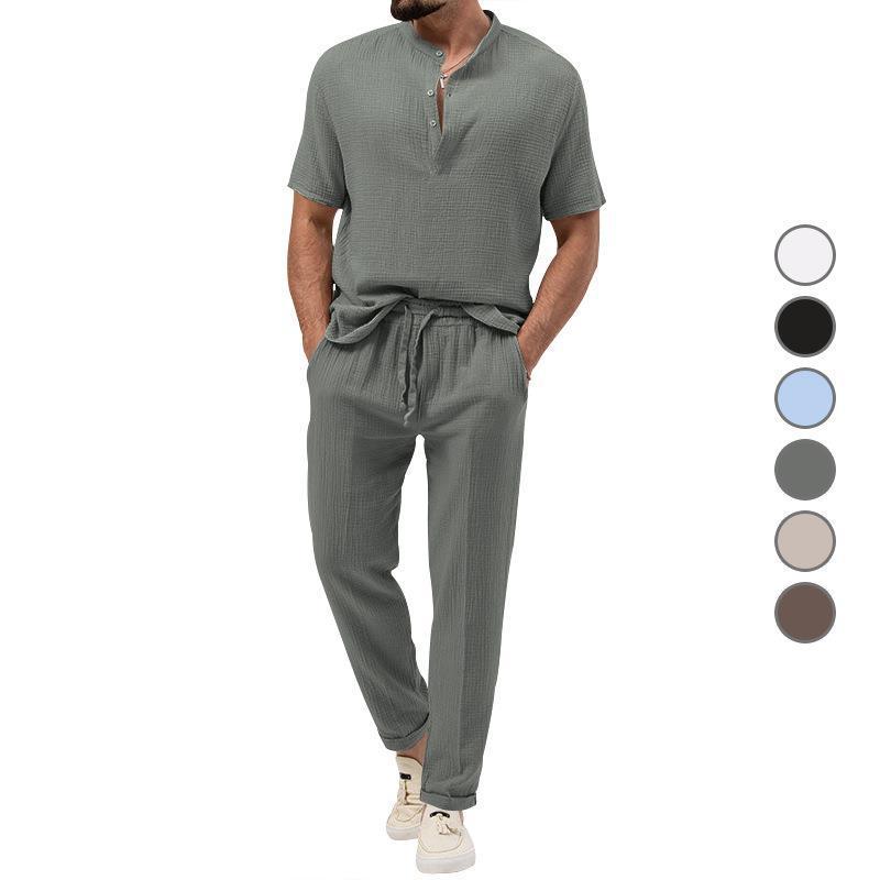 Men's Casual 3-Piece Outfit, Short Sleeve T-Shirt & Shirt With Trousers, Solid Color Summer Lounge Set_viptrois.com