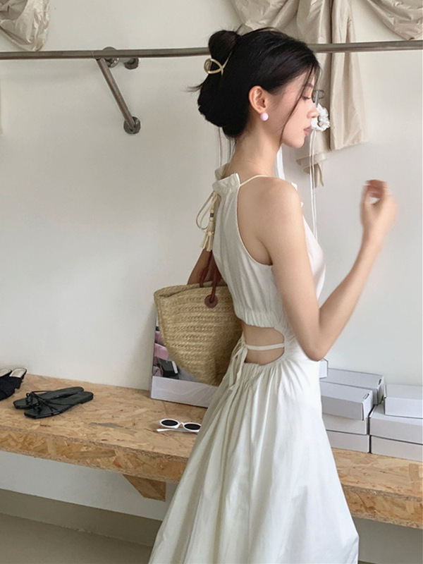 Design-Sense Hollow-Out Open-Waist Neck Sling dress Dopamine Lace-Up Waist Slimming Vacation-Style Tassel Long Dress