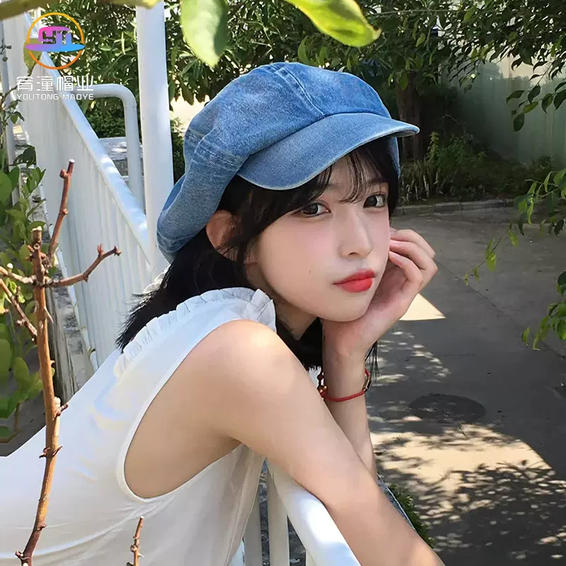 2024新款牛仔贝雷帽女复古八角帽画家帽夏季防晒帽遮阳帽云朵帽子