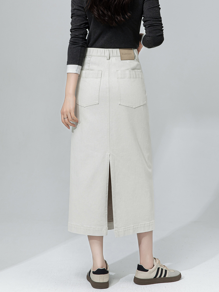 Váy denim trắng nữ cạp cao bút chì phong cách tối giản dài midi — Màu xám trắng