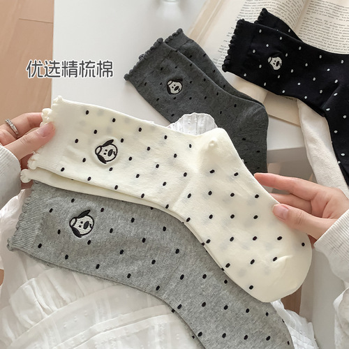 Mid-tube socks for women with anti-odor and sweat-absorbing cotton socks trendy polka dot embroidery cartoon pile socks for women