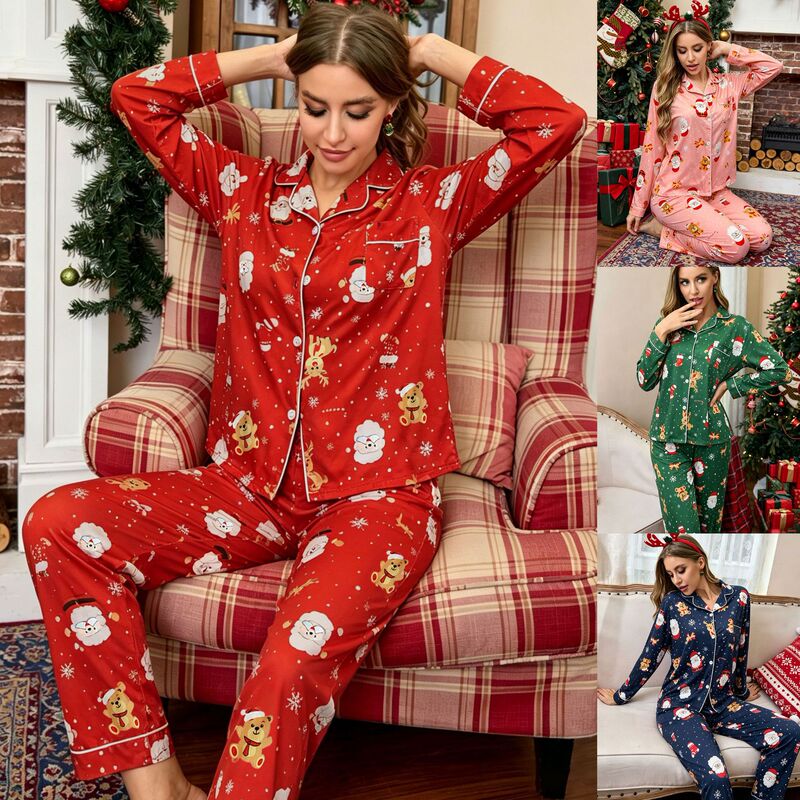 European and American Christmas New Style Women's Cross-Border Fashion Lapel Pajamas Casual Style Long-Sleeved Long Pants Home Wear Set for Women European and American Christmas New Style Women's Cross-Border Fashion Lapel Pajamas Casual Style Long-Sleeved Long Pants Home Wear Set for Women