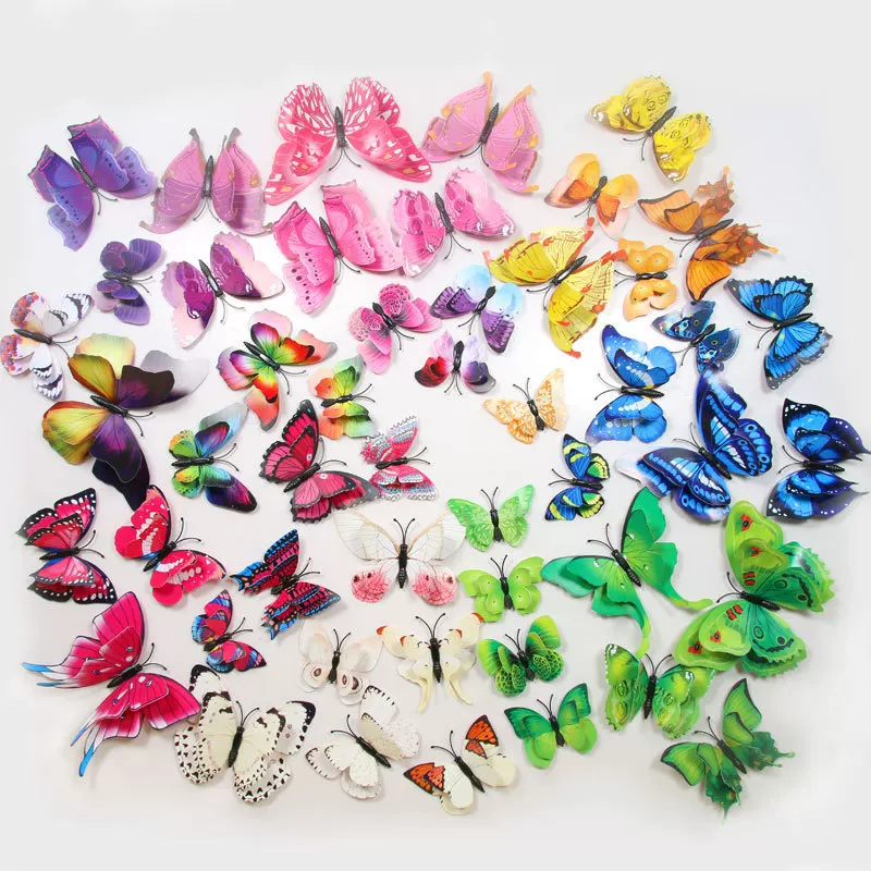 Double-layer creative set with butterfly, decorations, three dimensional fridge magnet on wall, 12 items