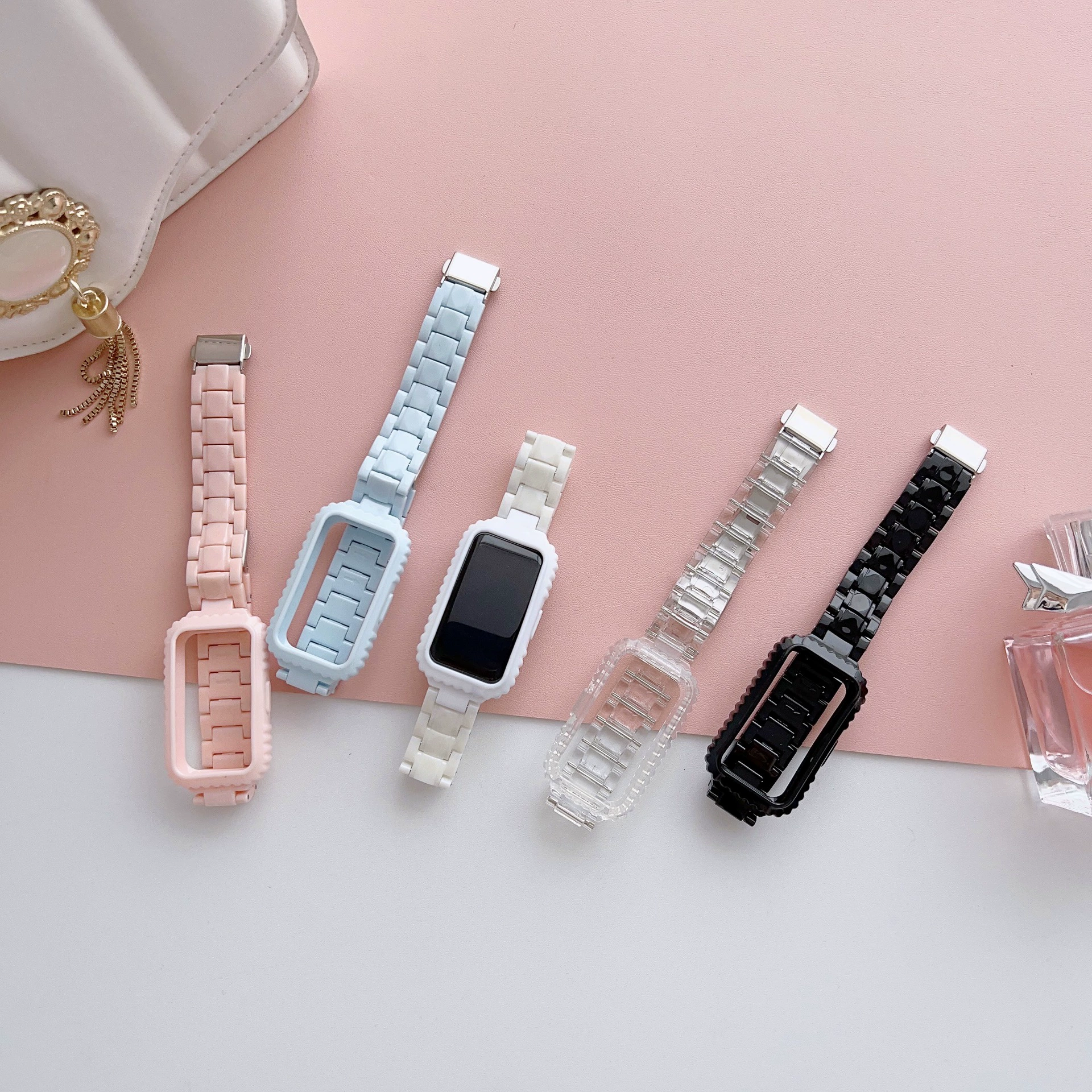 Подходит для ремешка Huawei браслета 10 Honor band 7 прозрачный PC трёхсбойный имитационный керамический смолый ремешок 9-го поколения