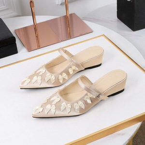 599-23 Korean version silk bow decoration slope heel slippers for women, pointed shallow mouth straight buckle strap for