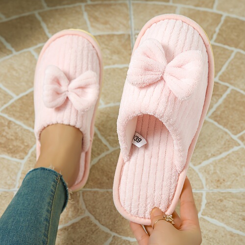 Ultra Warm Cozy Striped Bowknot Slippers for Women Thick