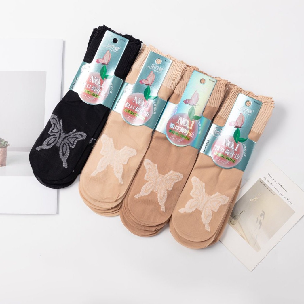 Spring and Autumn Ruffled Velvet Short Silk Stockings Mid-tube Anti-hook Silk Thin Women's Loose Socks Butterfly Flower Women's Socks