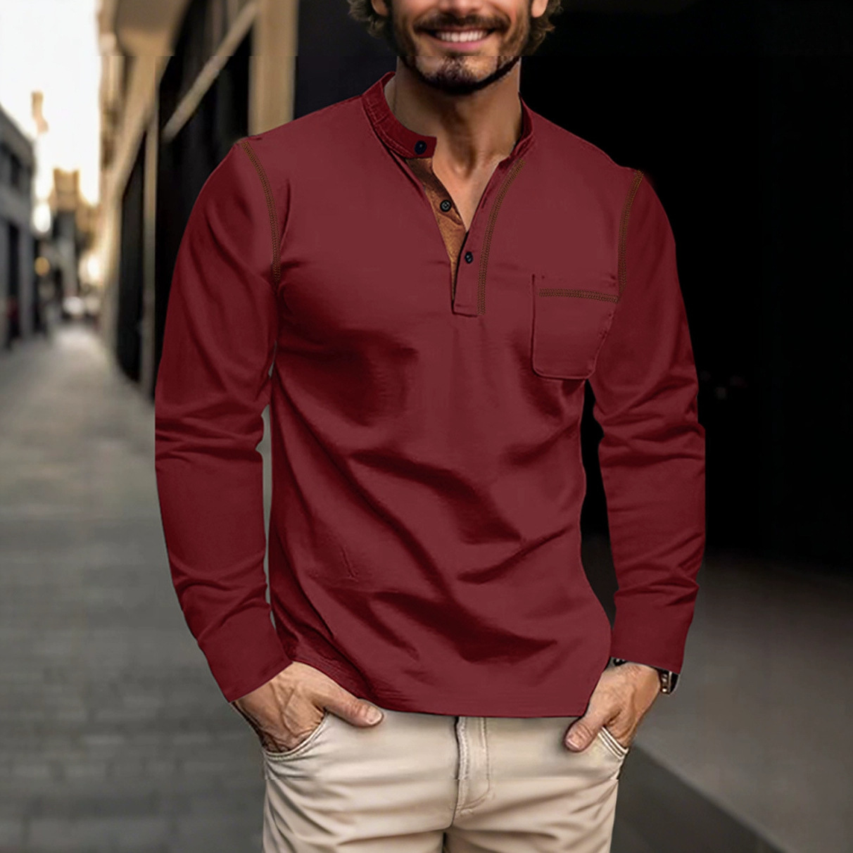 Camisa Polo de Manga Larga para Hombre, Cuello Alto, Color Sólido, Comercio Exterior, Primavera/Verano 2026, Estilo Europeo y Americano, para Venta en Amazon