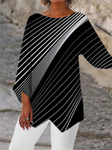 【】 Amazon AliExpress WISH Cross-border Spring and Summer Geometric Printed Long Sleeve Spliced ​​Round Collar Shirt