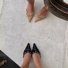 澳洲代购 Tony Bian尖头蝴蝶结蕾丝镂空麂皮高跟包头拖鞋