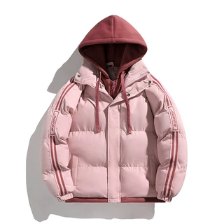 定制logo秋冬季两条杠连帽棉衣男情侣跨境加厚假两件宽松棉服男装