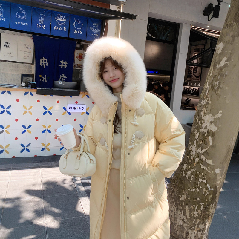 Down Jacket Women's Winter 2025 New Mid-Length Horn Button Design Niche Large Fur Collar Thickeneded Long Jacket