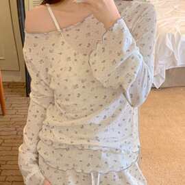 韩国ins女士新品韩系温柔少女碎花甜美花边家居服睡衣三件套套装