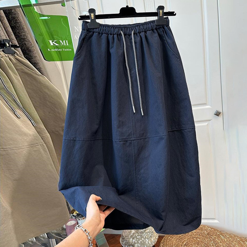 2026 Summer New Product Loose Casual Artistic Style Workwear A-Line Skirt Women's Drawstring Mid-Length Puffy Skirt