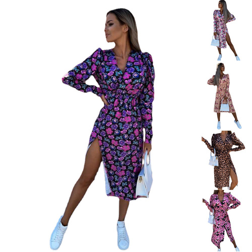 Wish Spring and Summer New Loose Long-Sleeve V-Neck Waist-Close Print Dress for Women