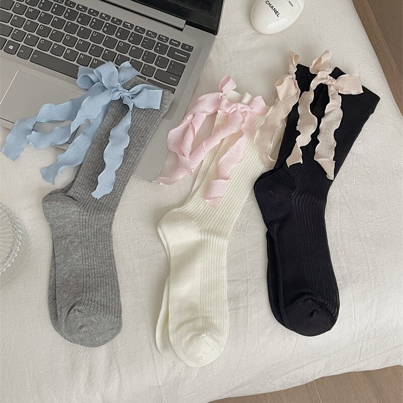 Women's Spring and Summer Thin Socks, Korean Style with Ribbon Bow on the Heel, Sweet Lolita Style Mid-Calf Socks, Slouch Socks Women's Spring and Summer Thin Socks, Korean Style with Ribbon Bow on the Heel, Sweet Lolita Style Mid-Calf Socks, Slouch Socks
