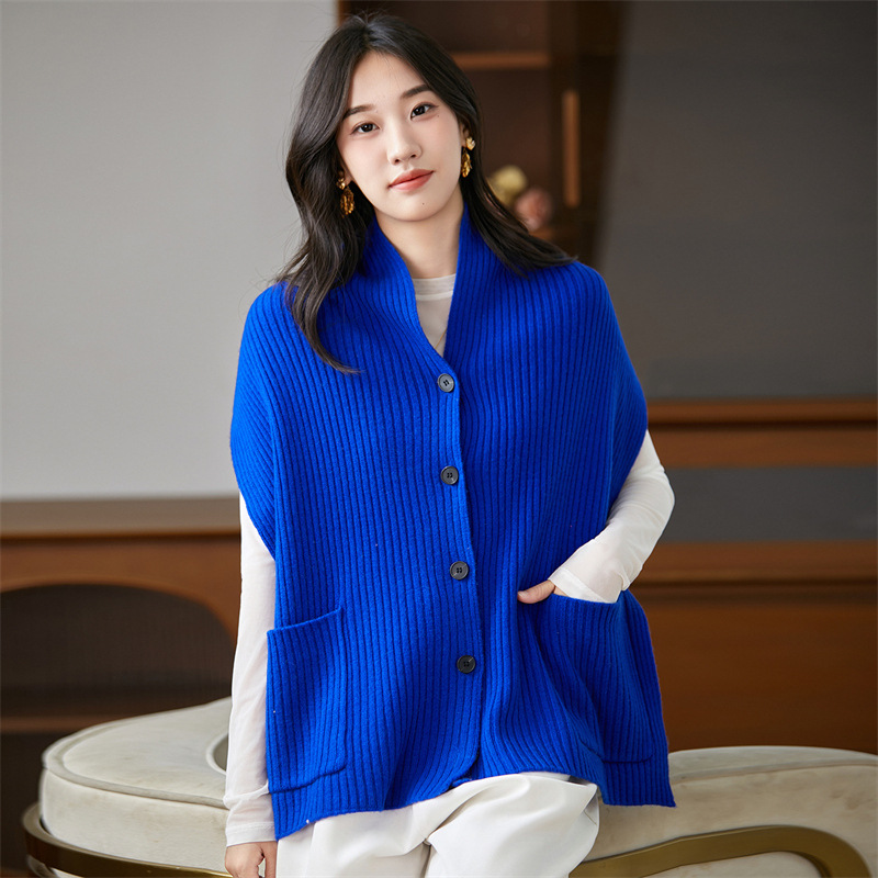 Women's V-Neck Knitted Cardigan 100 Pure Wool Vest 25 Autumn and Winter New Cardigan Pure Color Shawl with Pocket Dropshipping