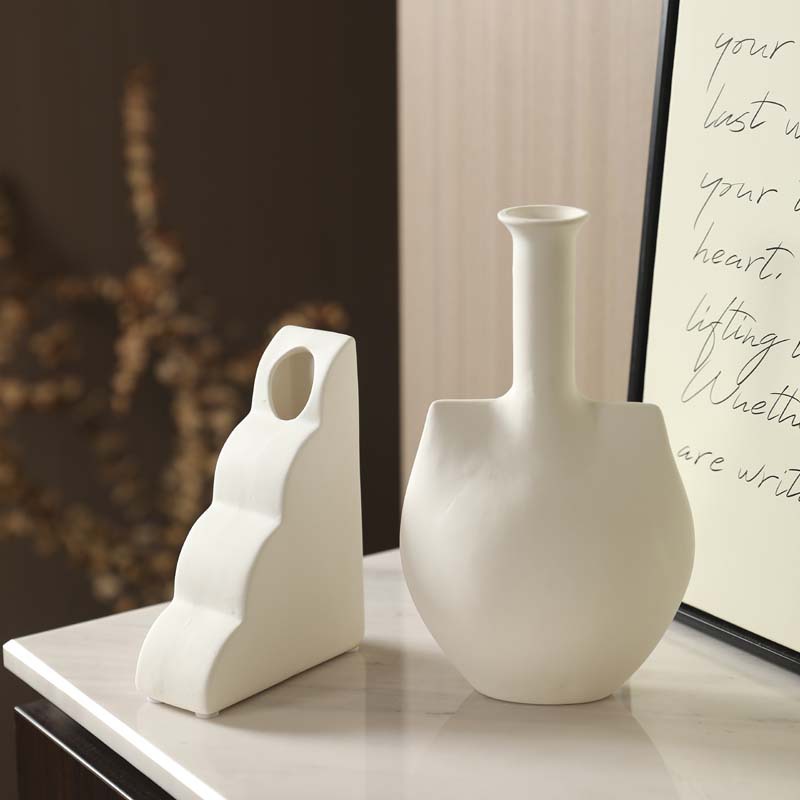 Vaso de cerámica blanca de viento silencioso ornamentos de sala de estar de arte abstracto geométrico flor seca botella de decoración floral