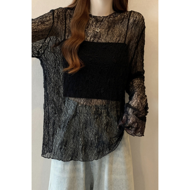 Black Thin Semi-Transparent Lace Shirt Long-Sleeved T-Shirt for Women 2026 Summer Plus Size Plus Size Medium-Length Outer Cover-Up Top