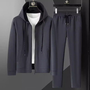 2025 Men's Casual Suit Spring and Autumn New Long Pants Long Pants Hooded Jacket Fashion Two-Piece Men's Solid Color