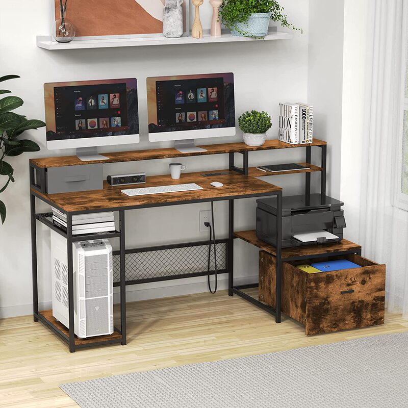 Cross-border steel and wood furniture computer desk with computer stand desk with American standard socket study desk with large drawer