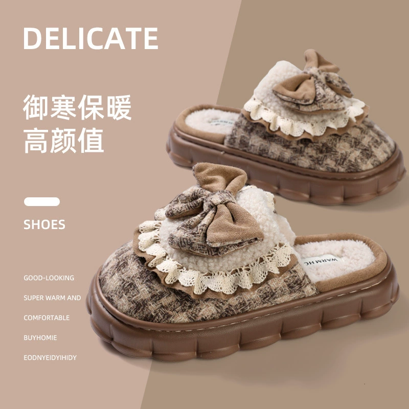 Южная волна Wan в клетку хлопчатобумажные тапочки женские осенние и зимние принцессы девушки в помещении кружевные домашние EVA булочки тапочки
