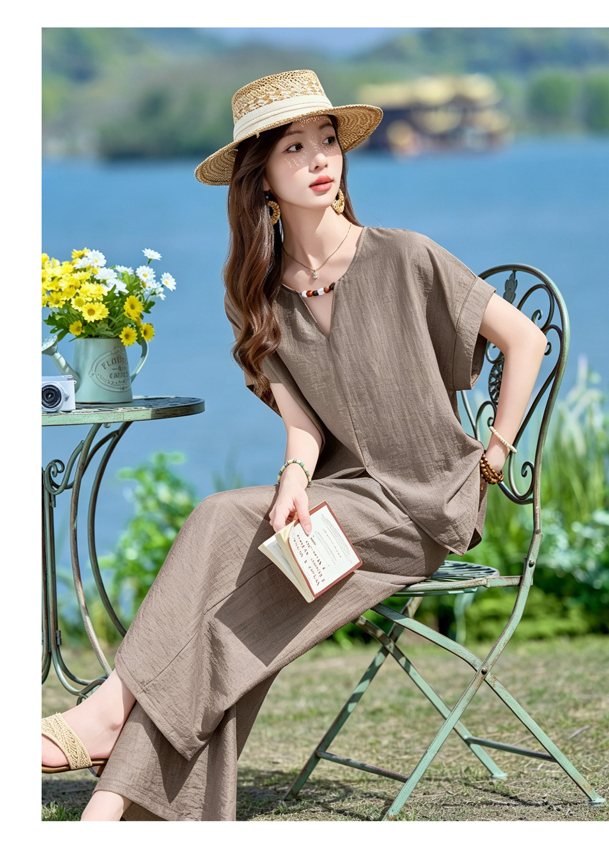 Bộ quần áo nữ hai mảnh gồm áo thun cổ V rộng và quần dài ống rộng phong cách tối giản — Cam đỏ, Màu cà phê nhạt, màu trắng ngà chi tiết 19