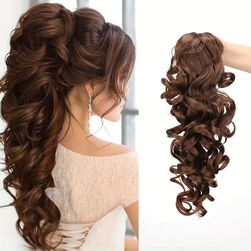 16inch ブラウンブラックグリッターテクスチャーカーリーヘア化学繊維合成ポニーテールグリッターポニーテール|undefined