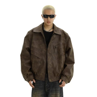 美式复古棕色做旧皮衣棉服男潮牌痞帅设计感小众情侣休闲翻领外套