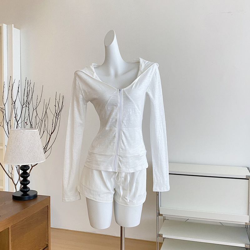Perfect for Summer! 2026 New Style Ramie Material Solid Color Casual Shorts and Hooded Cardigan Top Two-Piece Set