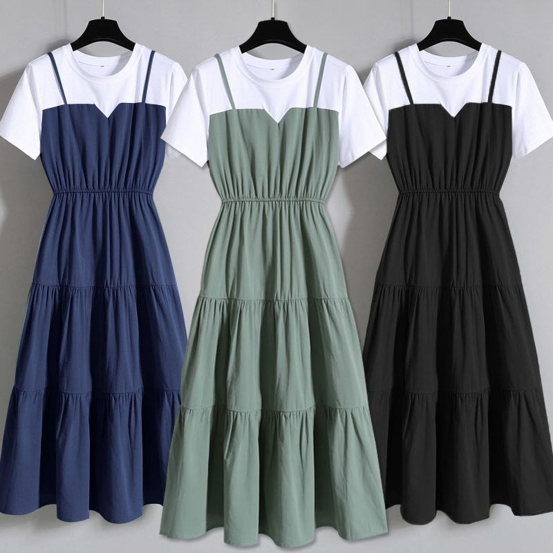 Plus Size Women's Fashion Suspender Fake Two-Piece Long Skirt 2025 Summer Fat Girl New Chinese Style Slimming Short-Sleeved Dress Plus Size Women's Fashion Suspender Fake Two-Piece Long Skirt 2025 Summer Fat Girl New Chinese Style Slimming Short-Sleeved Dress
