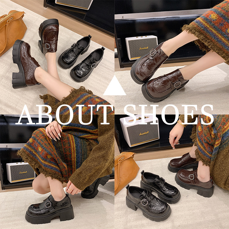 厚底乐福鞋女新款夏加绒新品英伦风小皮鞋百搭新品女鞋子黑色单里