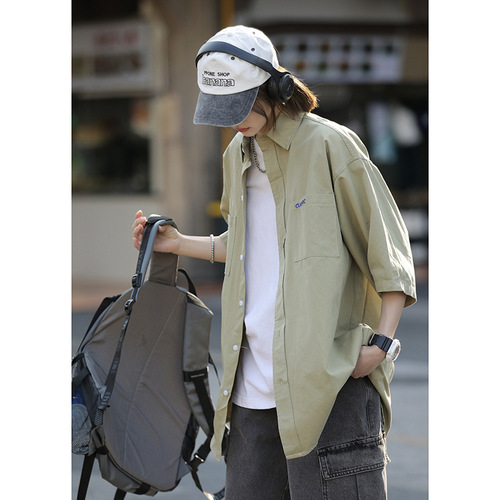 Green Workwear Short-Sleeve Shirt for Men, Trendy Brand, City Boy, Japanese Couple's Style, 7/8 Sleeve Blouse, Summer Thin Version