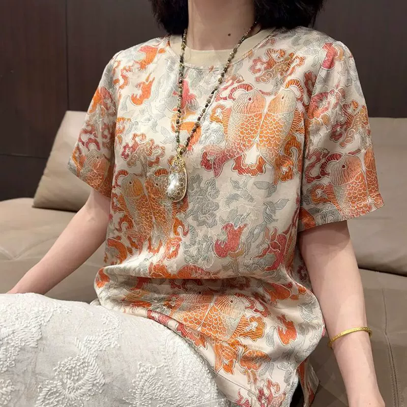 Летняя женская футболка с круглым вырезом в китайском стиле, коллекция Европейская станция 2025, универсальный повседневный тренд.