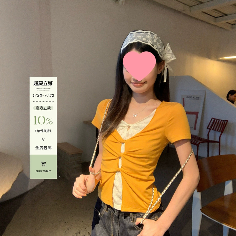 Song Zheng'En Mango Yellow Fake Two-Piece Lace Regular Shoulder Short Sleeve T-Shirt for Women, Summer Slim Fit American Style Hot Girl Top Song Zheng'En Mango Yellow Fake Two-Piece Lace Regular Shoulder Short Sleeve T-Shirt for Women, Summer Slim Fit American Style Hot Girl Top