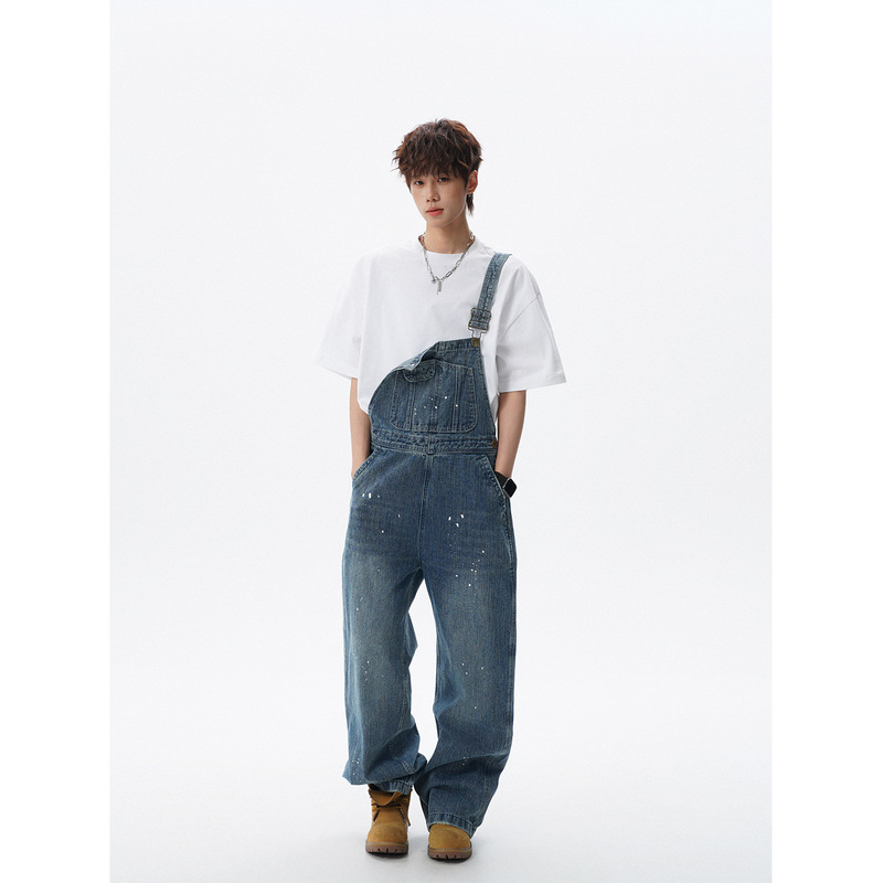 Bdk001 American-Style Splash-Ink Workwear Overalls for Men, Spring Trendy Retro Washed Vintage Pants, High Street Jeans
