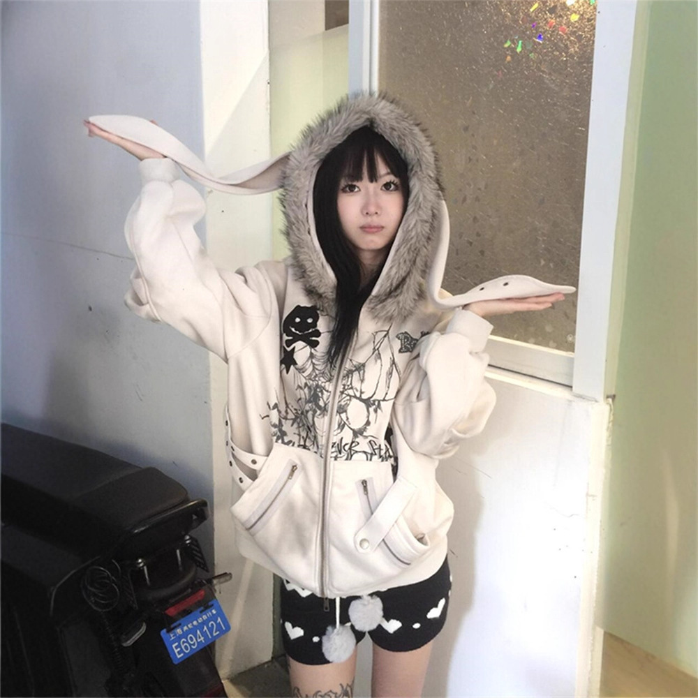 秋冬季宽松毛领兔耳朵卫衣外套女亚文化设计感小众开衫连帽棉上衣