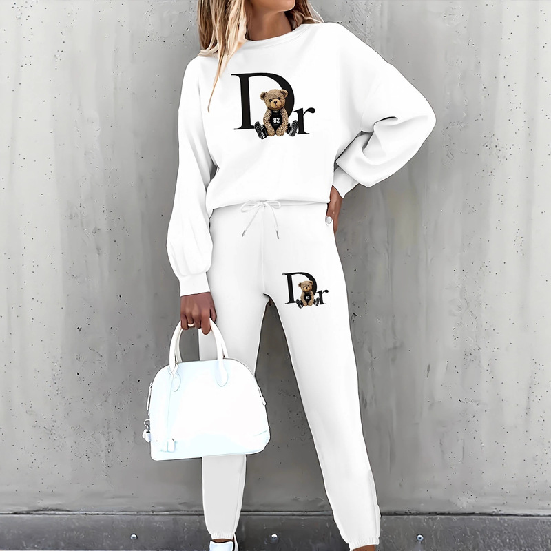 Women's Fleece Sweatshirt Plain Dr. Teddy Bear Print Pocket Drawstring Round Neck Two-Piece Set 0019 Print