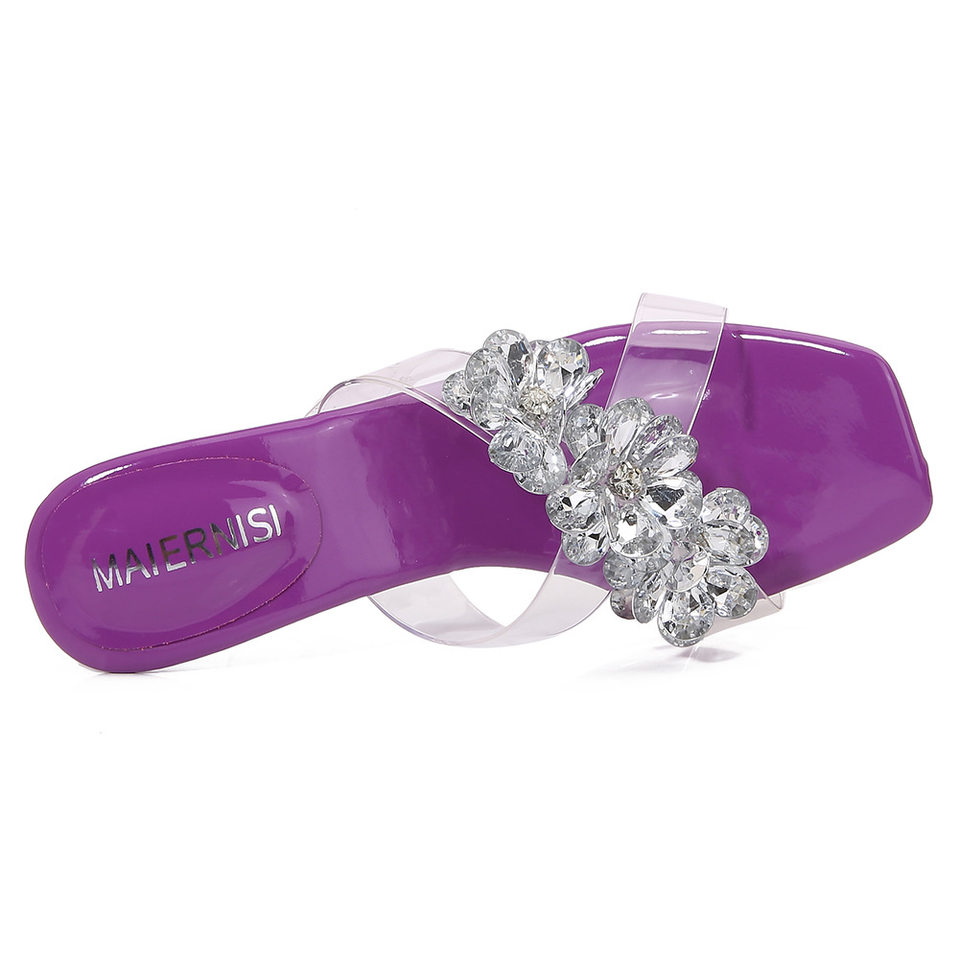 Sandal nữ quai ngang trong suốt gót ly pha lê, gót 6–8 cm — Vàng Sâm Banh, màu tím