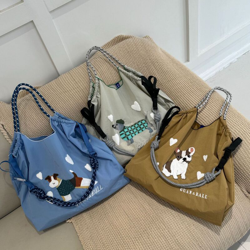 Internet Celebrity Same Japanese Upper Body Cute Dog Towel Embroidered Environmental Protection Bag Embroidered Large Capacity Nylon Bag Trendy Shopping Bag