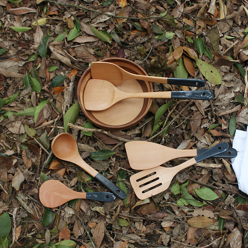 榉木蓝灰色手柄烹饪铲勺套装不粘锅煎铲炒菜锅铲木汤勺木质小饭铲