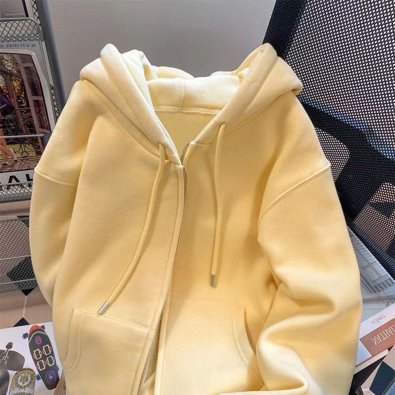 优质慵懒风秋冬款奶黄色开衫拉链连帽卫衣女百搭大码宽松韩版外套|undefined