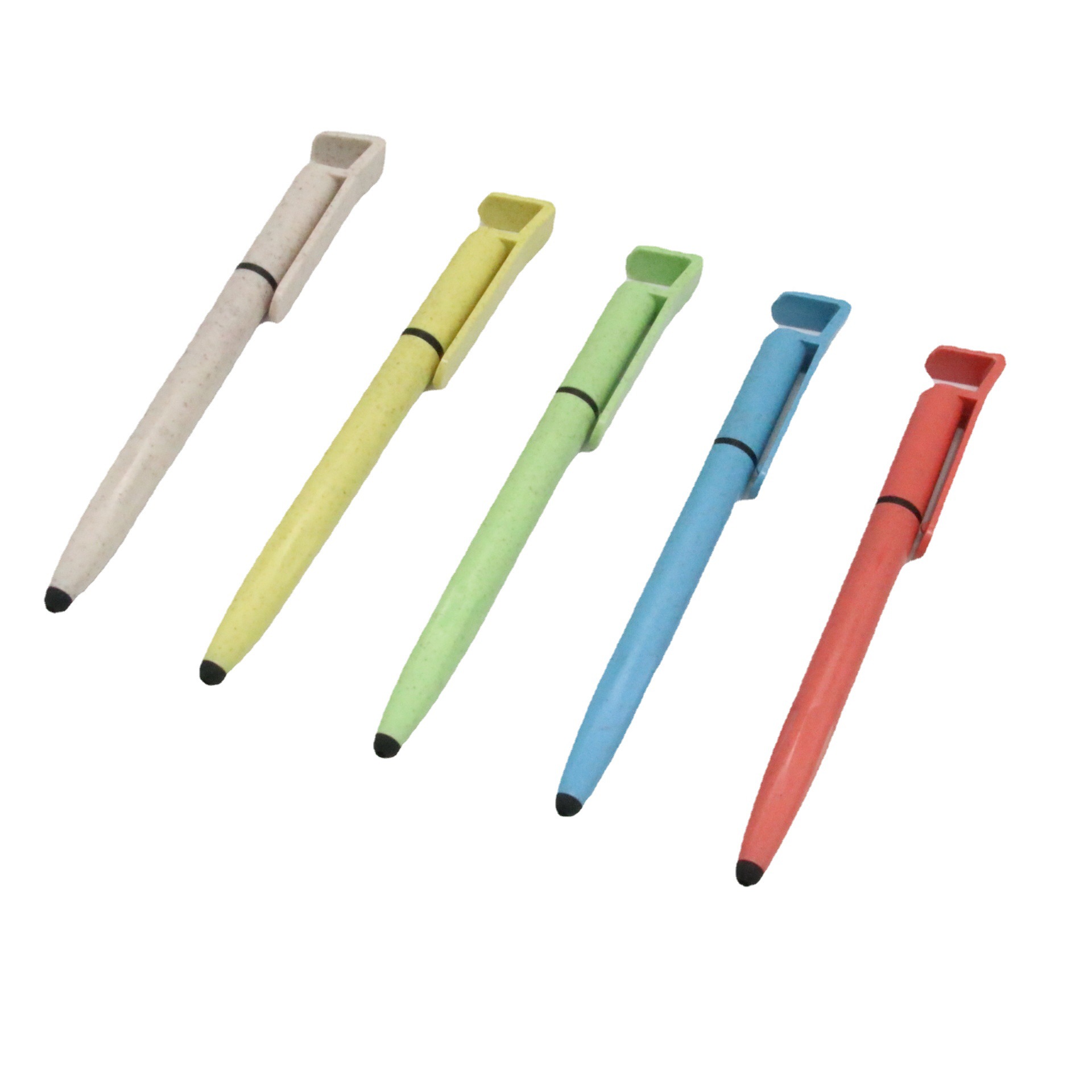 Bolígrafo 3 en 1, soporte para teléfono, lápiz táctil, logotipo con limpiador de pantalla, material de paja de trigo, venta al por mayor del fabricante.